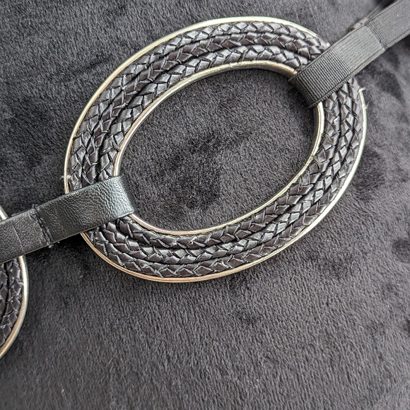 Black Oval Link With Braided Leather Women's Belt Vintage - Picture 3 of 8